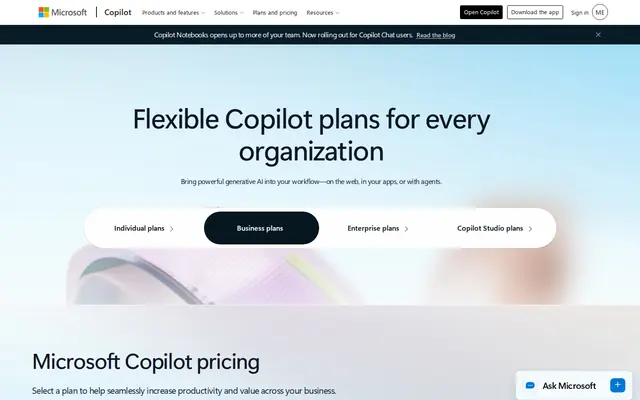 Screenshot of the Microsoft 365 Copilot website